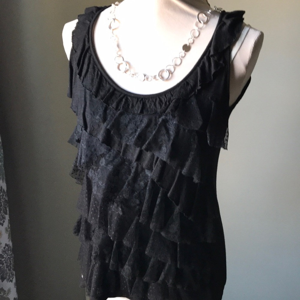 Black lace ruffle tank.